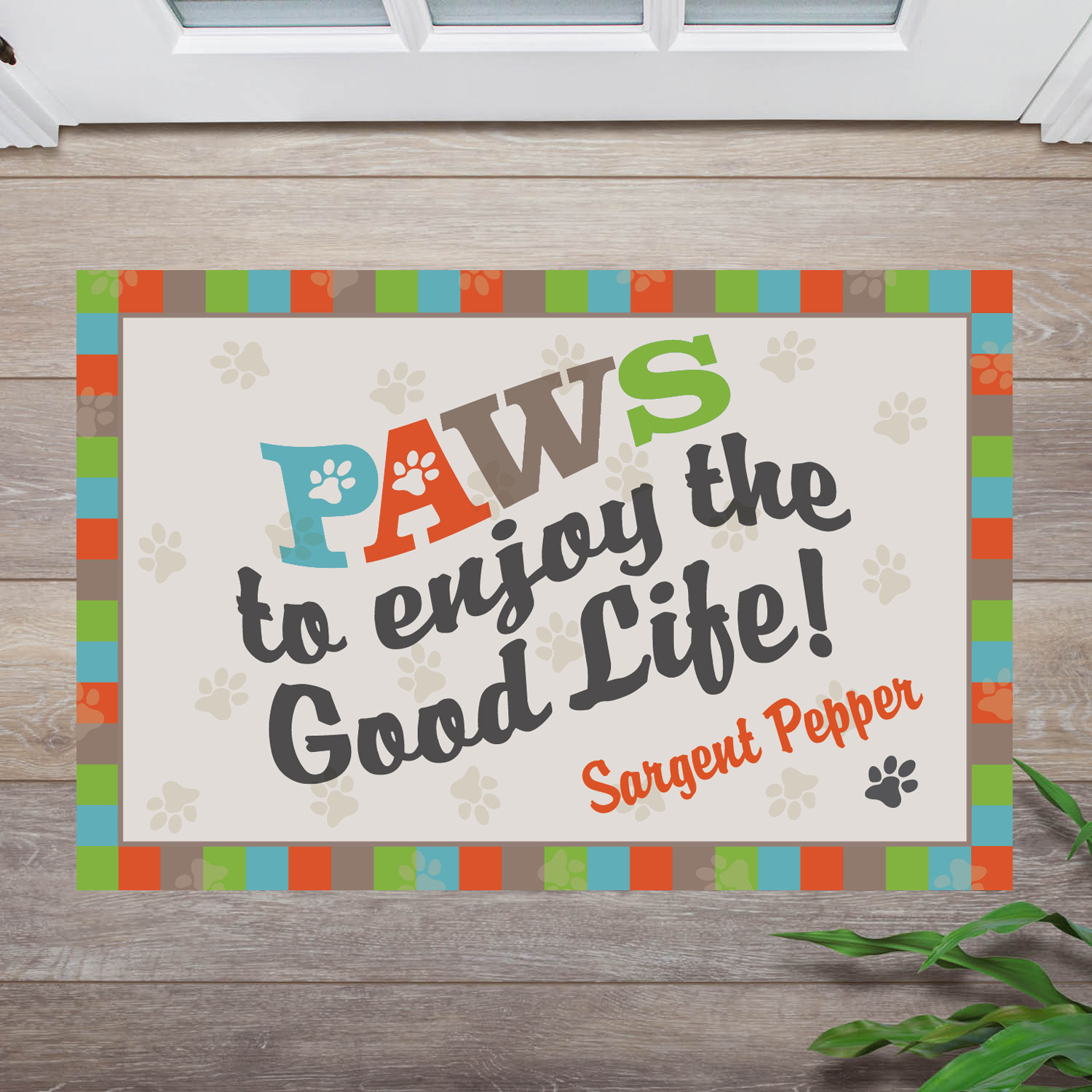 Personalized Planet 27x18 PAWS to Enjoy the Good Life Doormat with Custom Pet Name Printed on Colorful Rectangular 1/8” Thick Non Slip Mat for Kitchen Hallway Deck or Porch