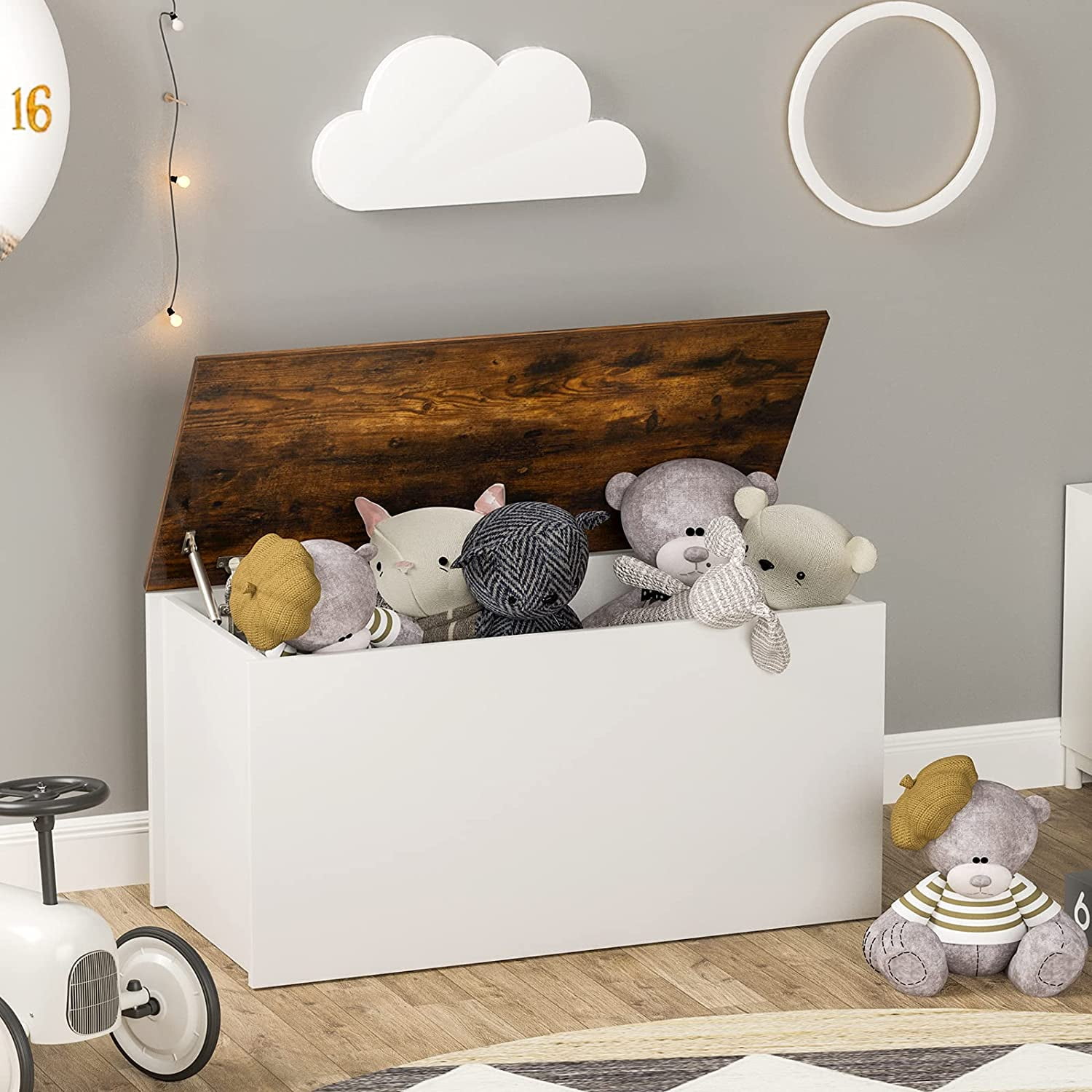 Kids Toy Box Storage Chest, Wooden Children Storage Bench Ottoman Trunk w/Flip-top Lid, 35.5” Wide Toddler Cabinet Organizer w/Pneumatic Rod for Kids Play Room Nursery (Rustic Brown + White)