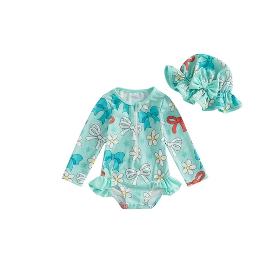 aturustex Little Girls Rash Guard Zipper Swimsuit Romper 6M 12M 18M 2T 3T 4T 5T Toddler Baby Bow Floral Print Swimwear Outfits Long Sleeve Bodysuits Oion Bathing Suit Beachwear for Swim Pool