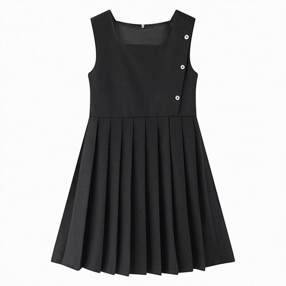 CAICJ98 Girls School Uniform Jumper Dress Solid Soft Sleeveless Crew Neck A-Line Pleated Dress (7-8 Years,Black)