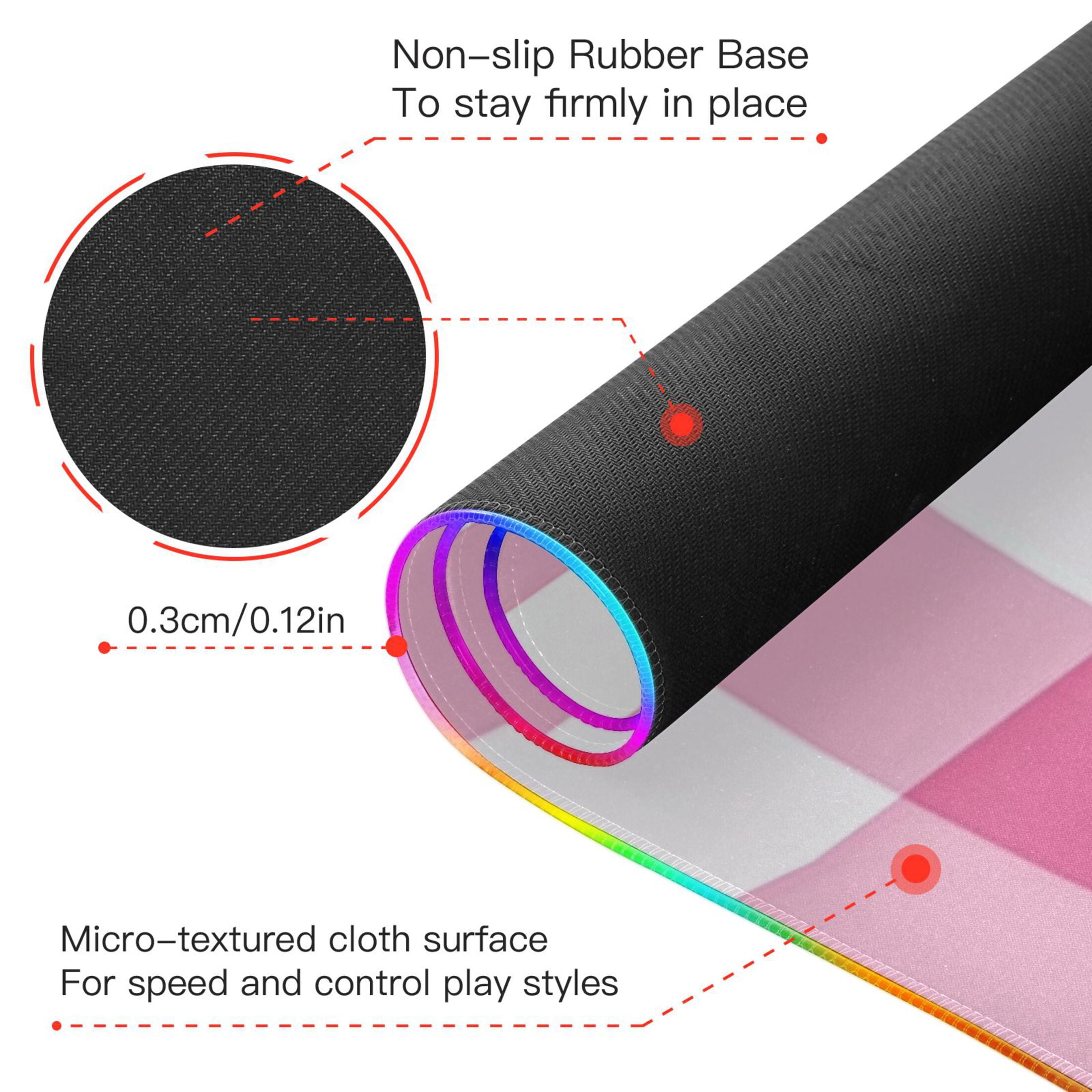 Pink and White Plaid RGB Gaming Mouse Pad Large Keyboard Mat Rubber Base 13 Light Modes