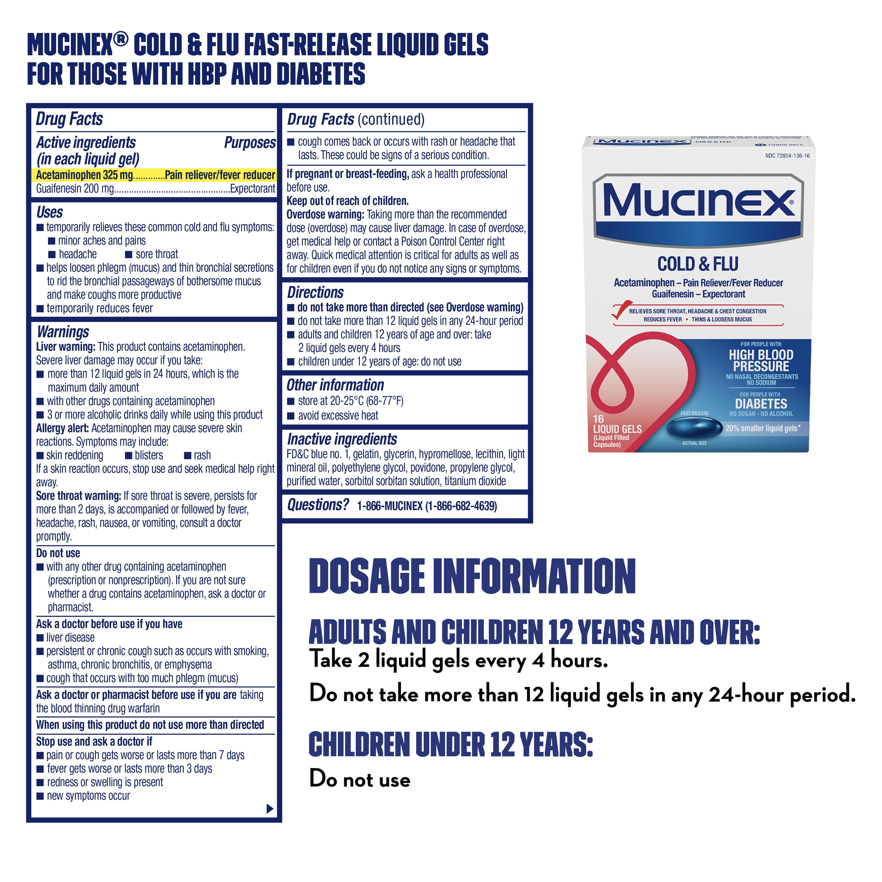 (2 pack) Mucinex Cold & Flu Fast Release Liquid Gels for people with High Blood Pressure & Diabetes, 16ct.