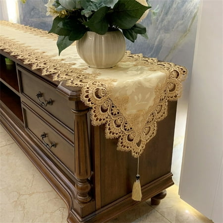 

Lace Table Runner European Style Embroidered Tassels Rectangle Tablecloth -E-40x280cm(16x110inch)