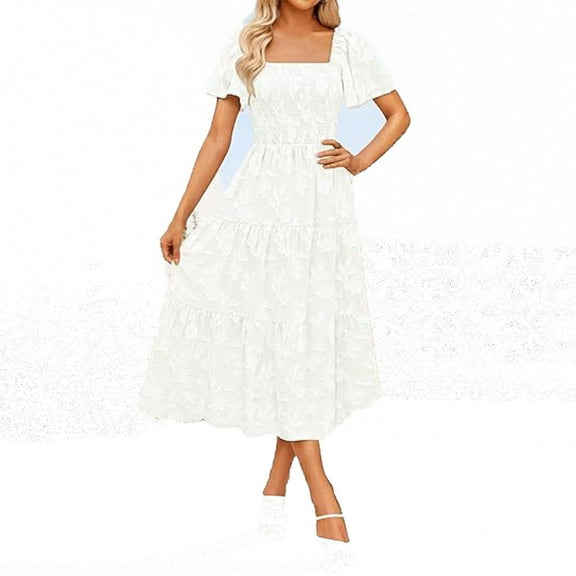Annhoo Vacation Dresses for Women Summer Puff Short Sleeve Square Neck Flowy Casual Trendy Beach Long Dresses