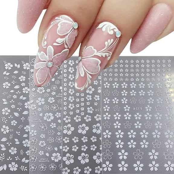 Flower Nail Stickers,3D White Cherry Blossoms Nail Decals Nail Art Supplies Self-Adhesive Leaves Flowers Nail Design Manicure Foil Nail Art Tip for Woman Acrylic Nails DIY Decorations 4 Sheets