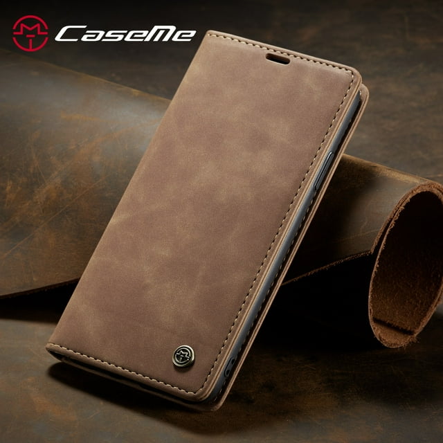 CaseMe Wallet Case Anti-Fall Retro Handmade Leather Magnetic Case Card Slot for iPhone 13 (Brown)