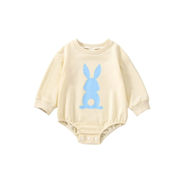 ZAXARRA Baby Boy Girl Romper Long Sleeve Round Neck Cartoon Easter Rabbit Print Casual Spring Fall Baby Romper