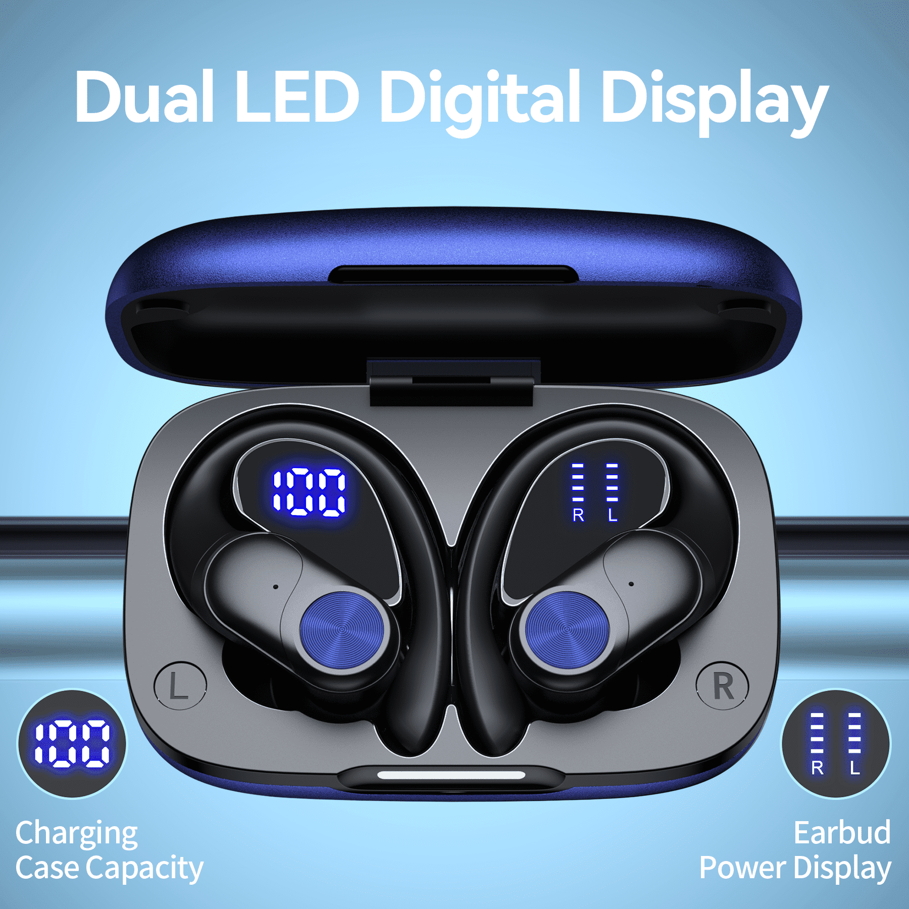 VEATOOL Bluetooth Headphones Wireless Earbuds 80Hrs Playback Sport Ear Buds with Earhook Digital Display Charging Case IPX6 Waterproof Deep Bass Running Earphones for iOS Android Cellphone