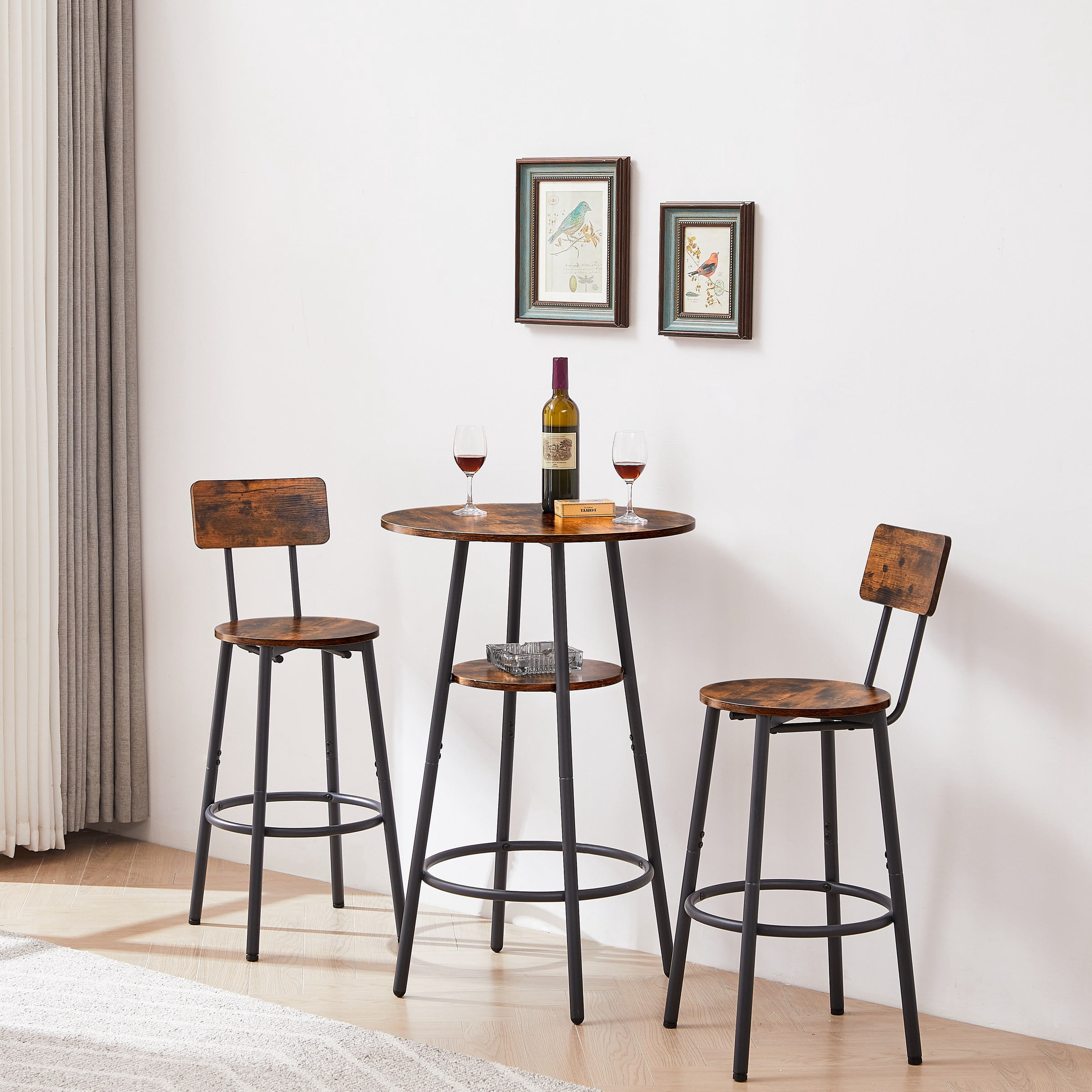 Round bar stool set with shelves, stool with backrest Rustic Brown, 23.6" Dia x 35.4" H