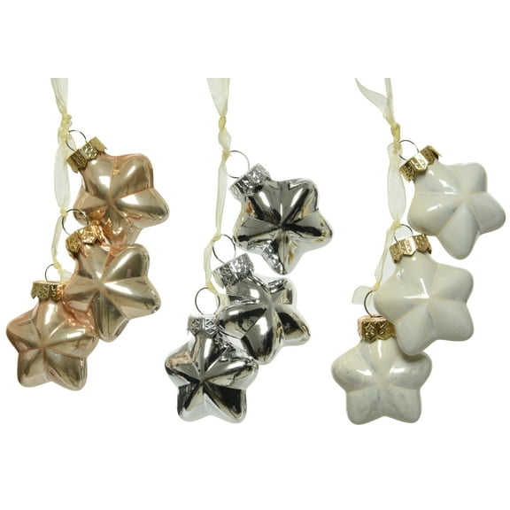 Glass Star Cluster Ornaments – Silver Gold White Stars Blown Glass Christmas Decorations, Set of 3