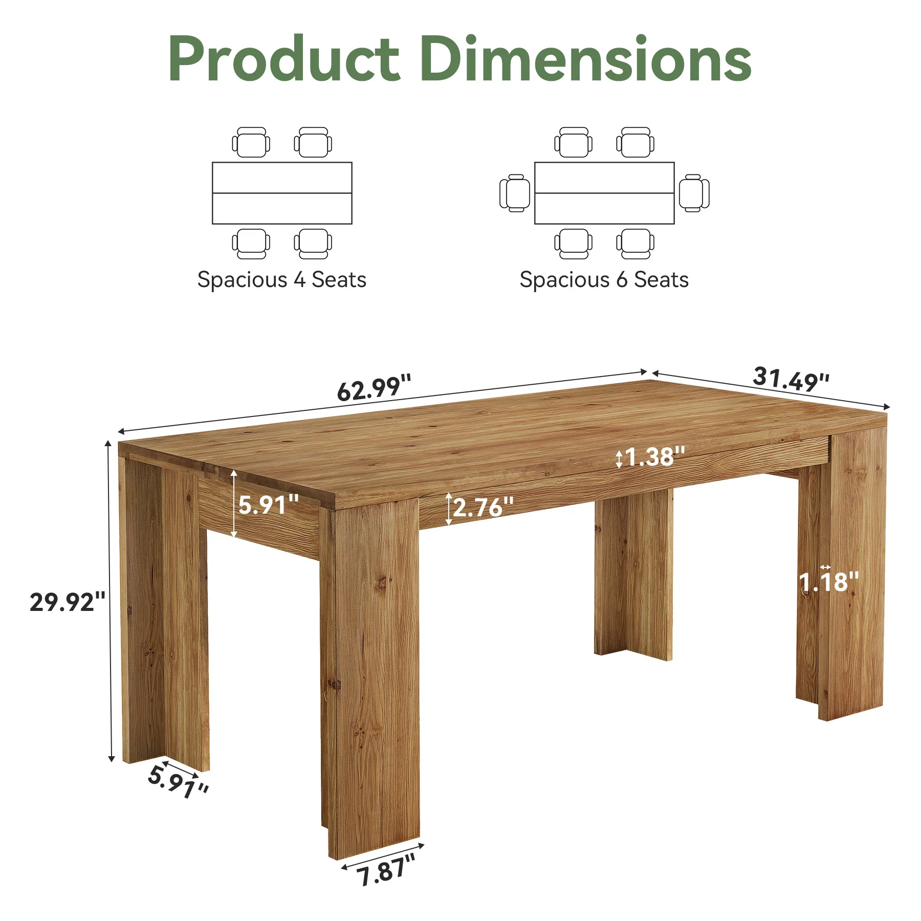 Hommoo Tribesigns Solid Wood Dining Table 63 Inch, Farmhouse Kitchen Table for 6-8 People, Rustic Wood Rectangular Table with Sturdy Legs, Easy Assembly, Natural