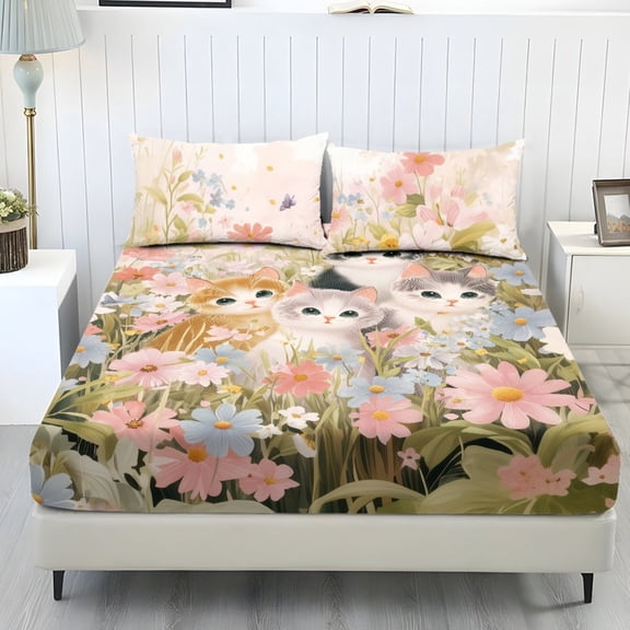 COEQINE Twin Sheet Set Soft Fade Resistant 3 Pieces Bed Sheets Set All Around Elastic Fitted Bedsheet & Pillowcases Home Decor for Twin Size Bed, Cute Cat Daisy Floral