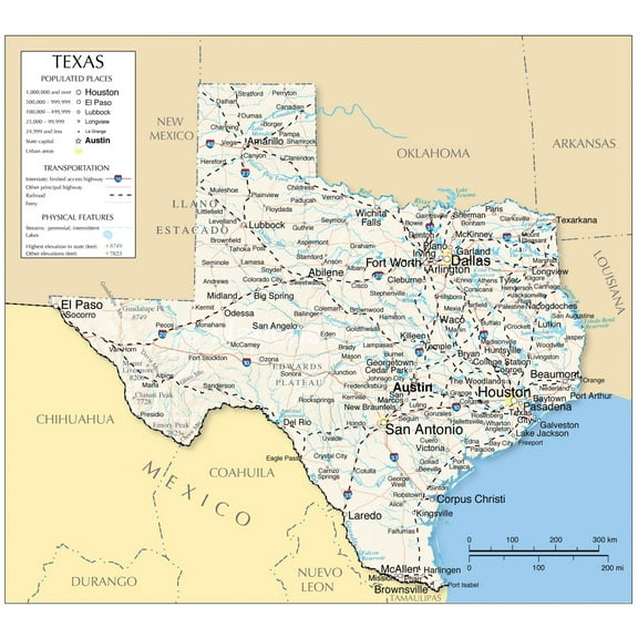 Wall Art Impressions Texas Map Laminated Boundaries State Capital Cities, 26x24