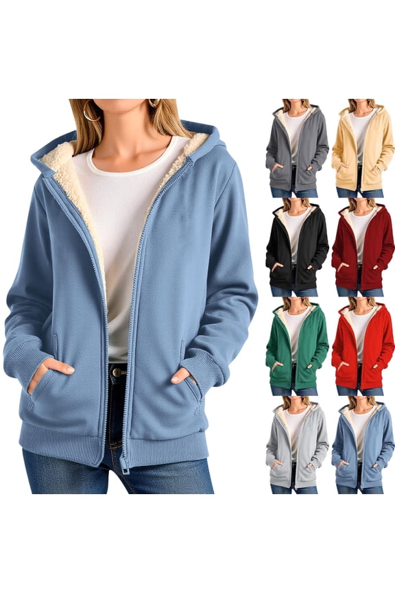 Women Fleece Coat Winter Warm Casual Long Sleeve Hooded Solid Sweatshirt Plus Size Winter Cardigan Pockets Plush Hooded Jacket