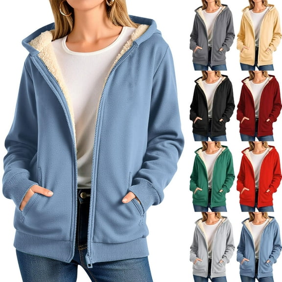 Women Fleece Coat Winter Warm Casual Long Sleeve Hooded Solid Sweatshirt Plus Size Winter Cardigan Pockets Plush Hooded Jacket