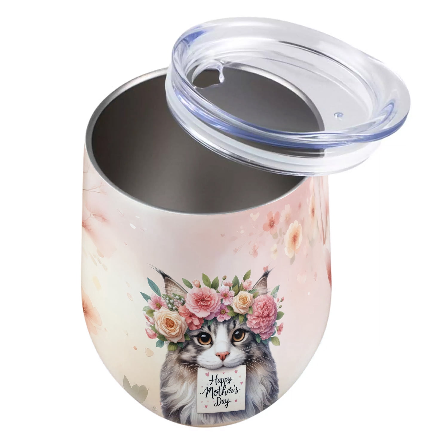 Happy Mother's Day Maine Coon with Flower Crown and Greeting Card 12oz Stainless Steel Wine Tumbler Insulated Cup with Lid Cat Lover Kitten Owner Gifts - 13004