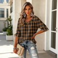 thumbnail image 6 of ZCNKMX Shirts for Women Crew Neck Plaid Grid Print 3/4 Sleeve Blouse, Tie Front Ruffle Hem Loose Relaxed Breathable Farmhouse Casual Outfits for Spring Summer Daily Country Style Tops Brown XL, 6 of 7