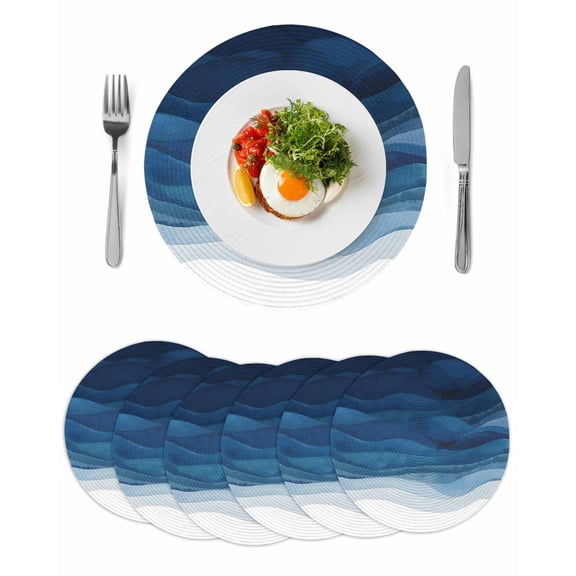 Navy Blue Ombre Round 13 Inch Placemats Set of 6, Modern Moire Gradient Watercolor HeatResistant Non Slip Place Mats for Dining Table, Wipeable Braided Kitchen Table Mats for Housewarming