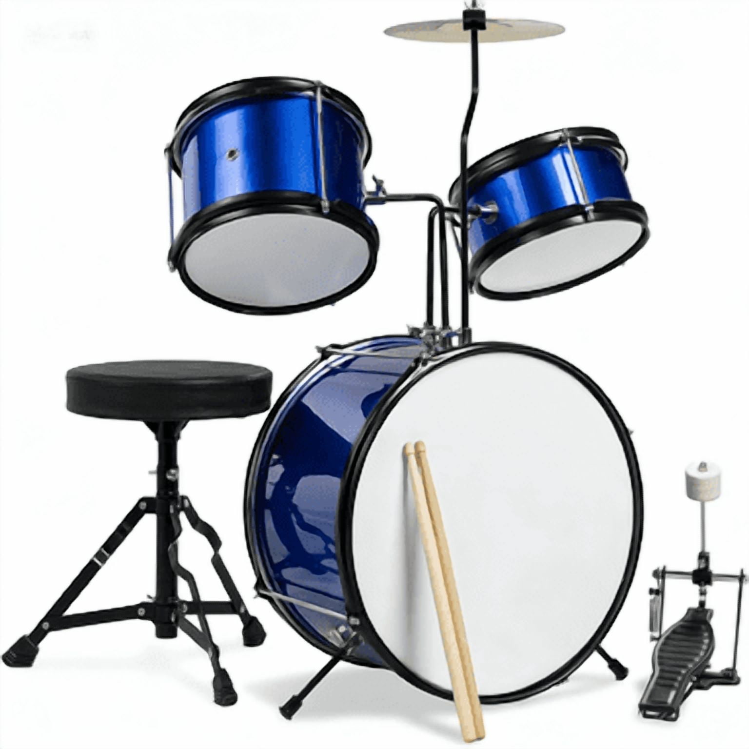 HarmonyStrings 3-Piece Beginner Drum Set for Kids Juniors, w/Throne Stool, Cymbal, Drum Sticks, Bass Drum Pedal, 2 Toms Black