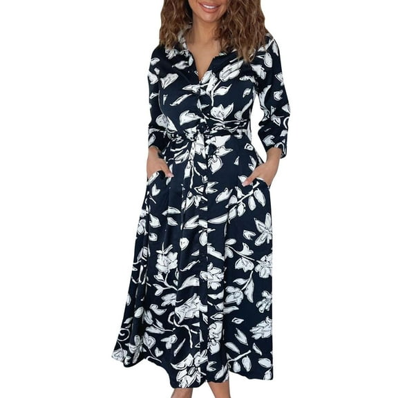 Lilgiuy Women V Neck Printing Long Sleeve Button Lacing Slim Fit Dress With Pocket Navy 2022 Fall Winter