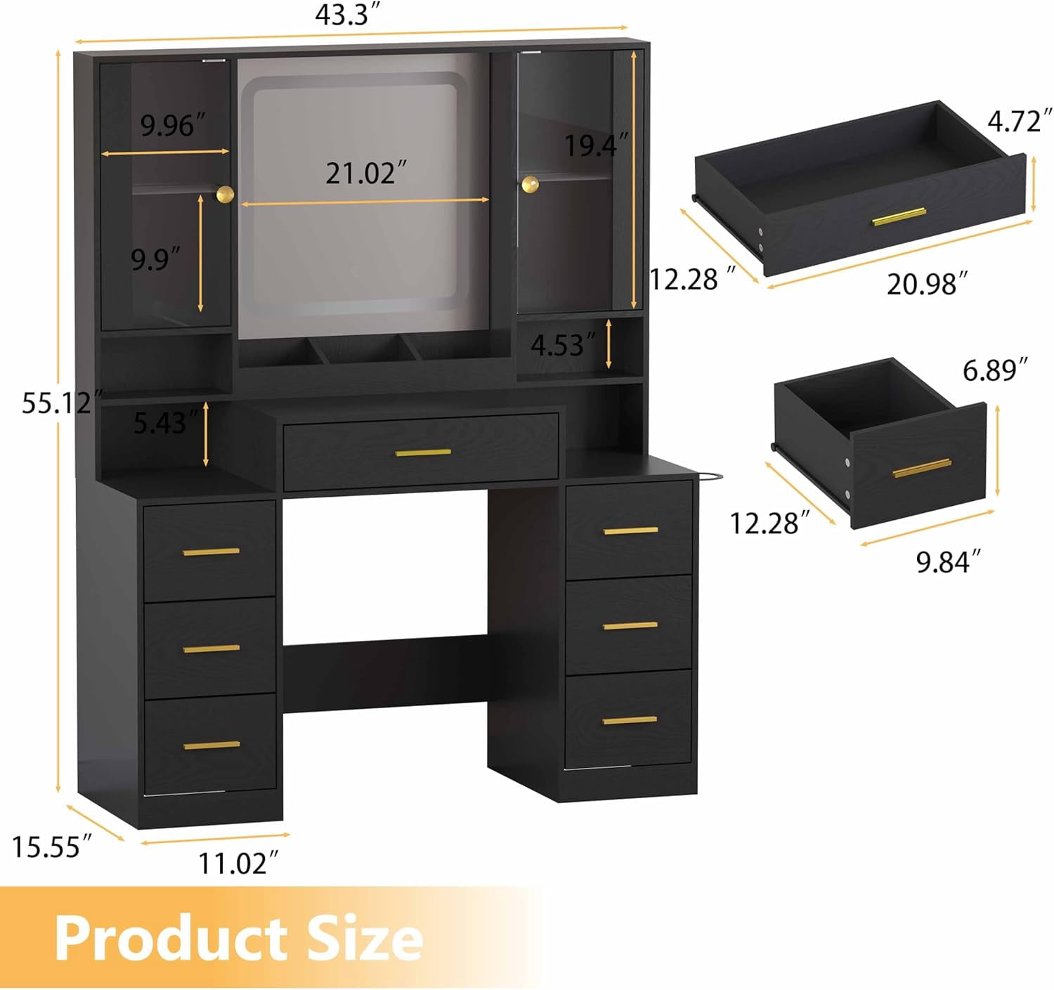 FANRAL Large Vanity Desk with LED Lighted Mirror & RGB Glass Cabinets,Built-in Charging Station & 7 Drawers,Modern Dressing Table for Bedroom Beauty Spaces,Black Vanity