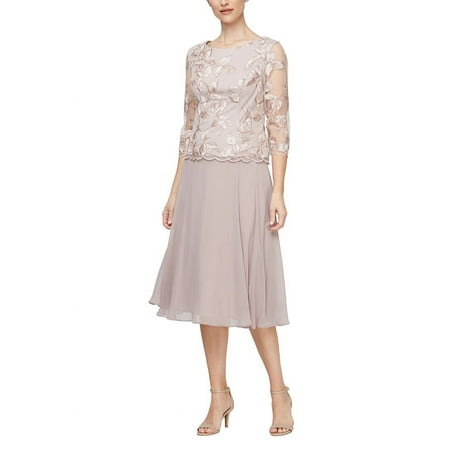 Alex Evenings boat neck 3/4 illusion sleeve popover embroidered lace dress-LATTE / 8