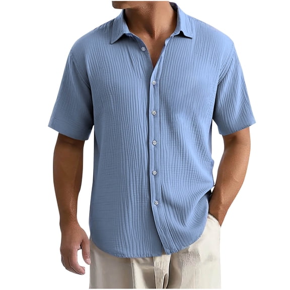 GuangCheng Mens Shirts,Lapel,Textured,Solid Color,Short Sleeve,Button-Down Shirts,with Chest Pocket,Regular Fit Tops,Sky Blue,Size 3XL