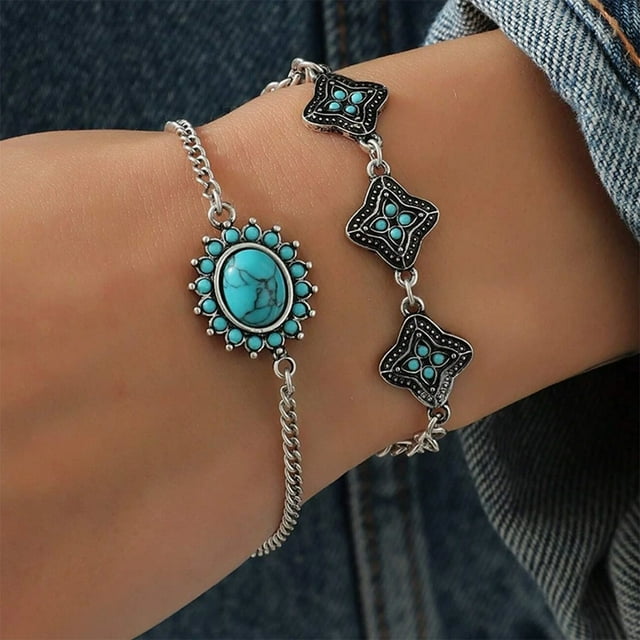 Juego de 2 pulseras de cadena de cobre con eslabones bohemios para hombre y mujer, joyería vintage ajustable, brazalete apilable de aleación para uso diario.