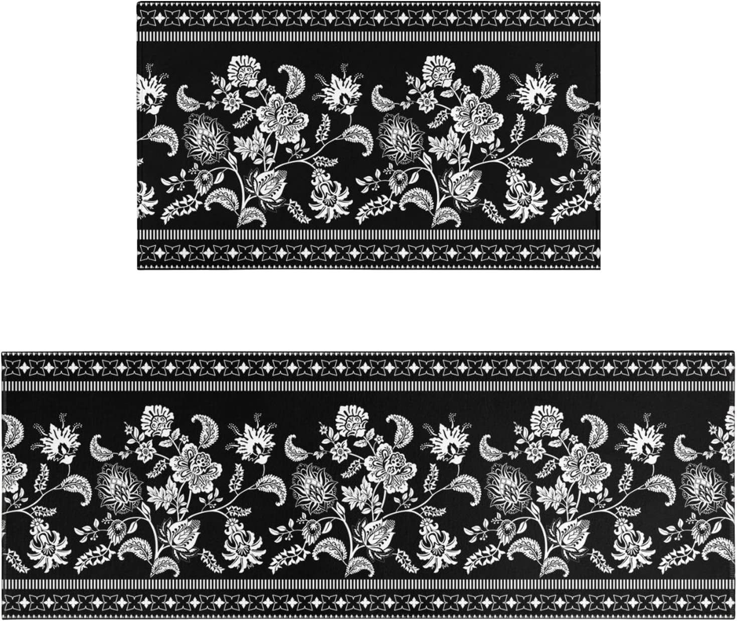 Black Floral Kitchen Rug Mat, Black and White Kitchen Rugs Sets of 2