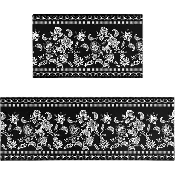 Black Floral Kitchen Rug Mat, Black and White Kitchen Rugs Sets of 2