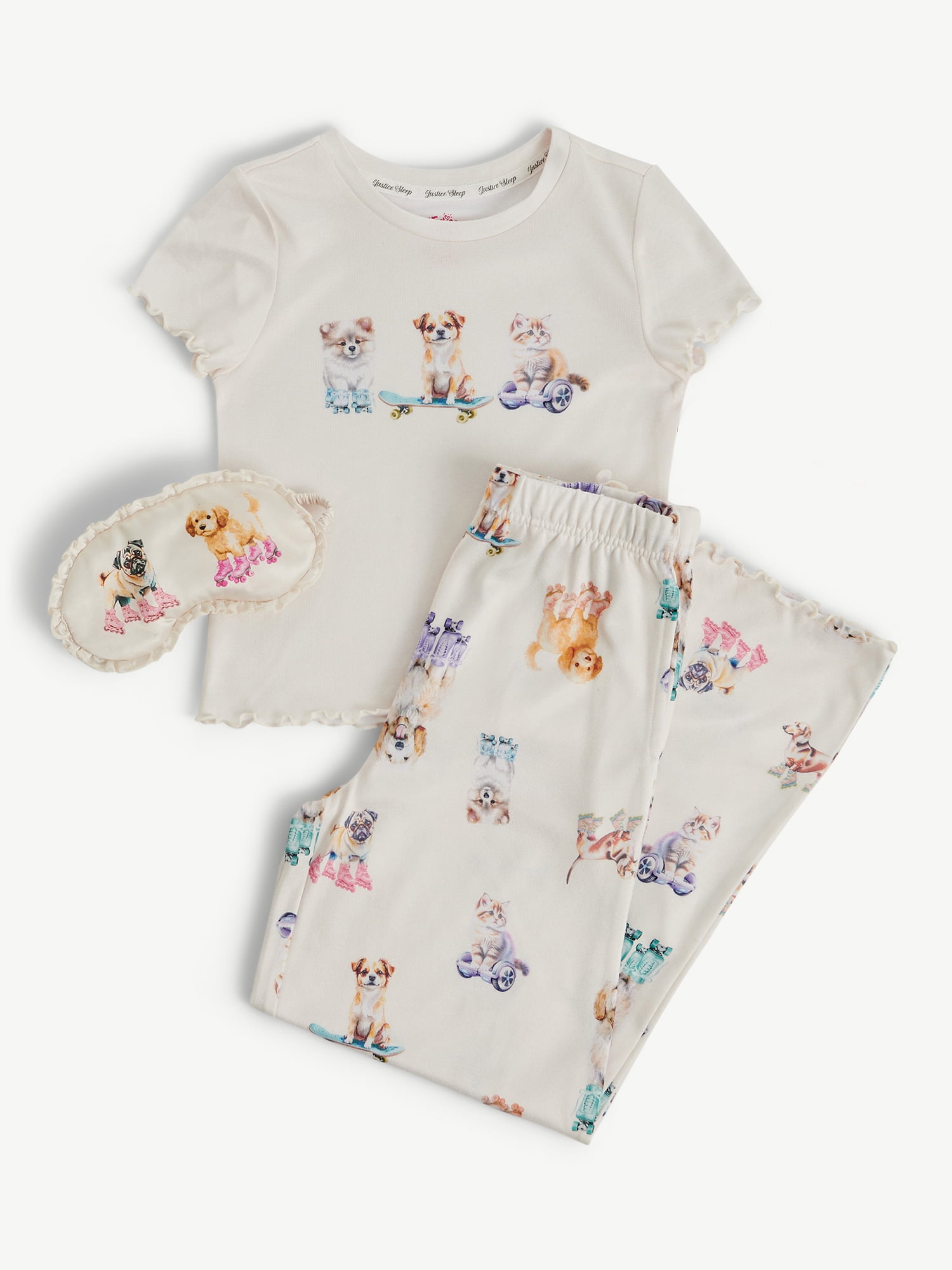 Justice Girls Short Sleeve Tee, Pants and Eye Mask Pajama Set, 3-Piece, Sizes 5-18