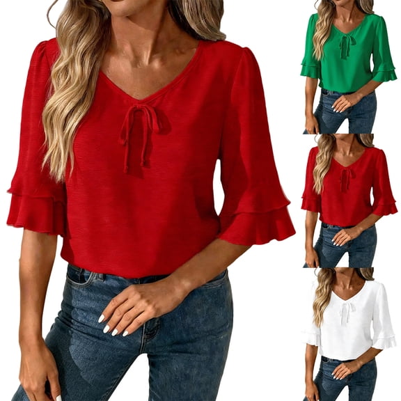 Fall Tops for Women Dressy Casual Ruffle V Neck 3/4 Sleeve Drawstring Shirts Loose Business Office Blouse Red XXL
