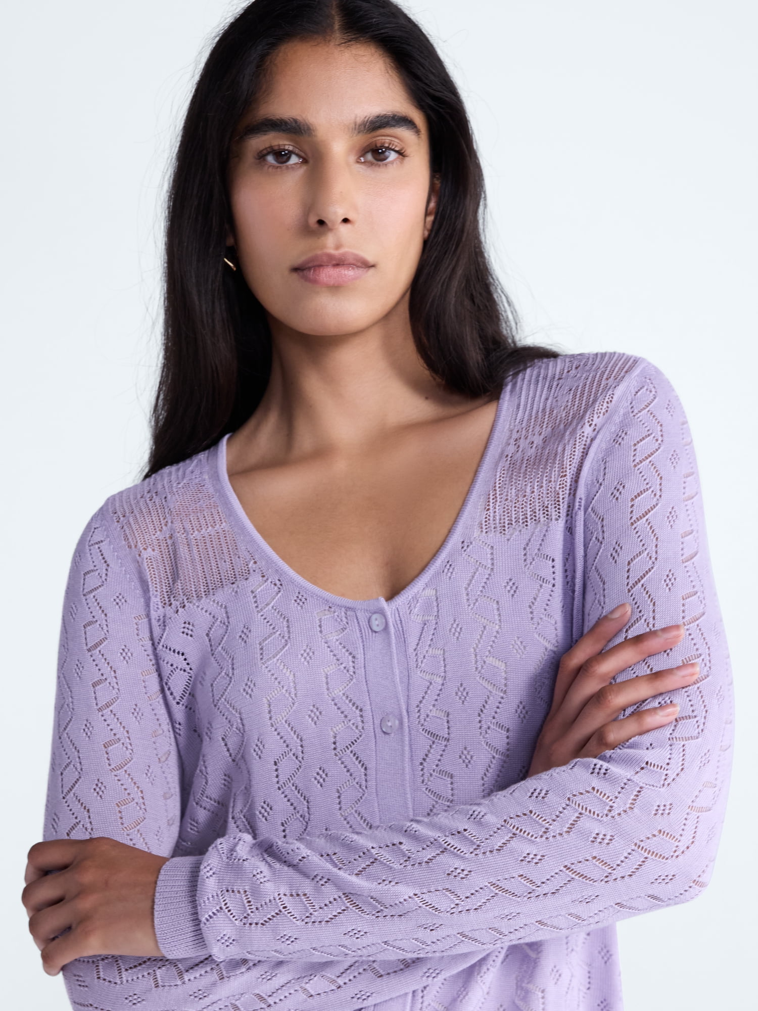 Scoop Women's Pointelle Knit Cardigan Sweater with Long Sleeves, Lightweight, Sizes XS-XXL