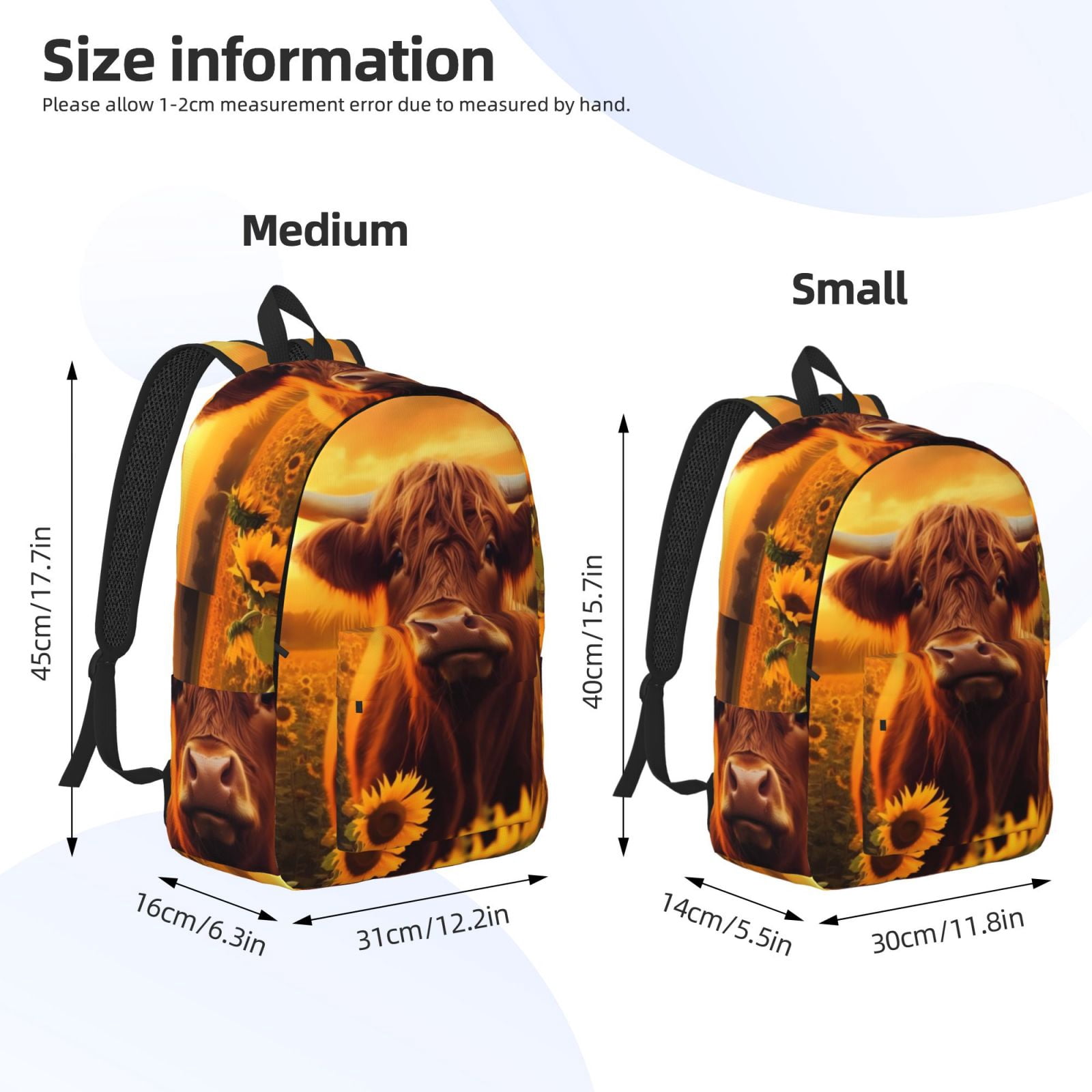 Vsdgher Vintage Sunflower Cow A Print Canvas Backpack Travel Rucksack Unisex Knapsack 15.7/17.7Inch Laptop Backpack for Work,College -Small