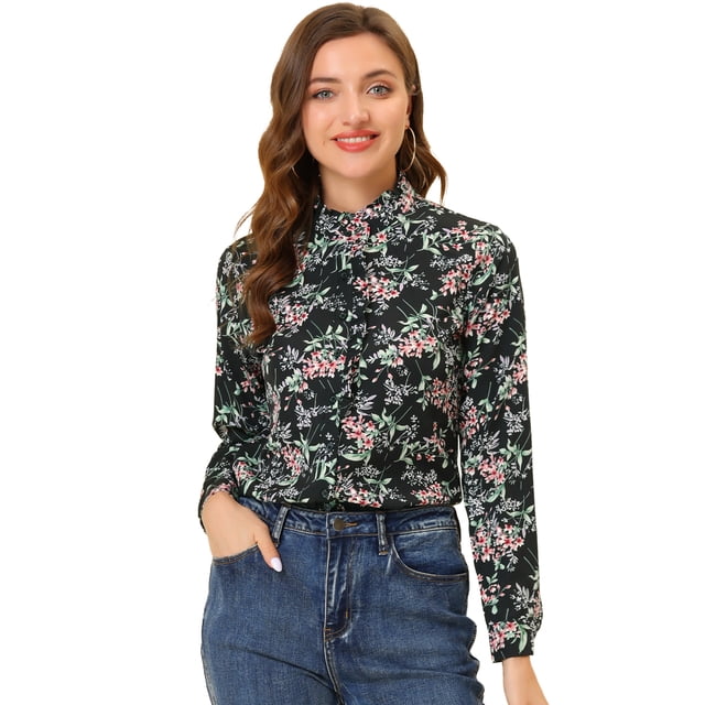 Camisa de manga larga Allegra K con cuello simulado y volantes para mujer Negros S