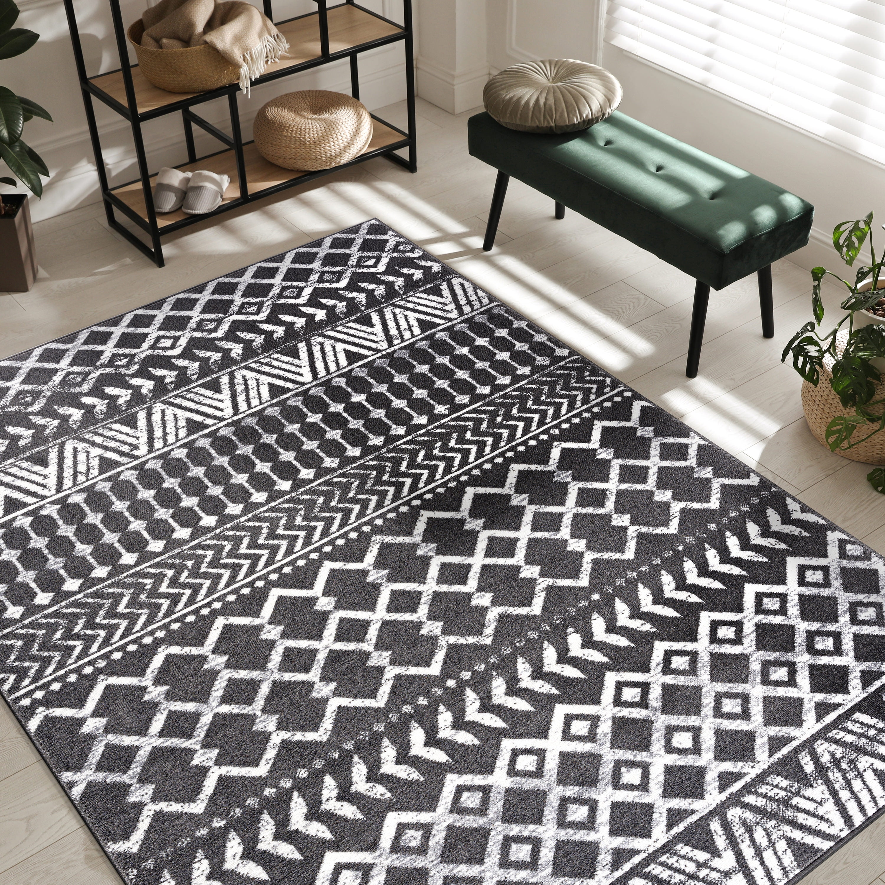 CAMILSON Crystal Dark Grey Area Rug 3'x5' Boho for Living Room Bedroom Dining Room Dark Grey / Cream Indoor Area Rugs