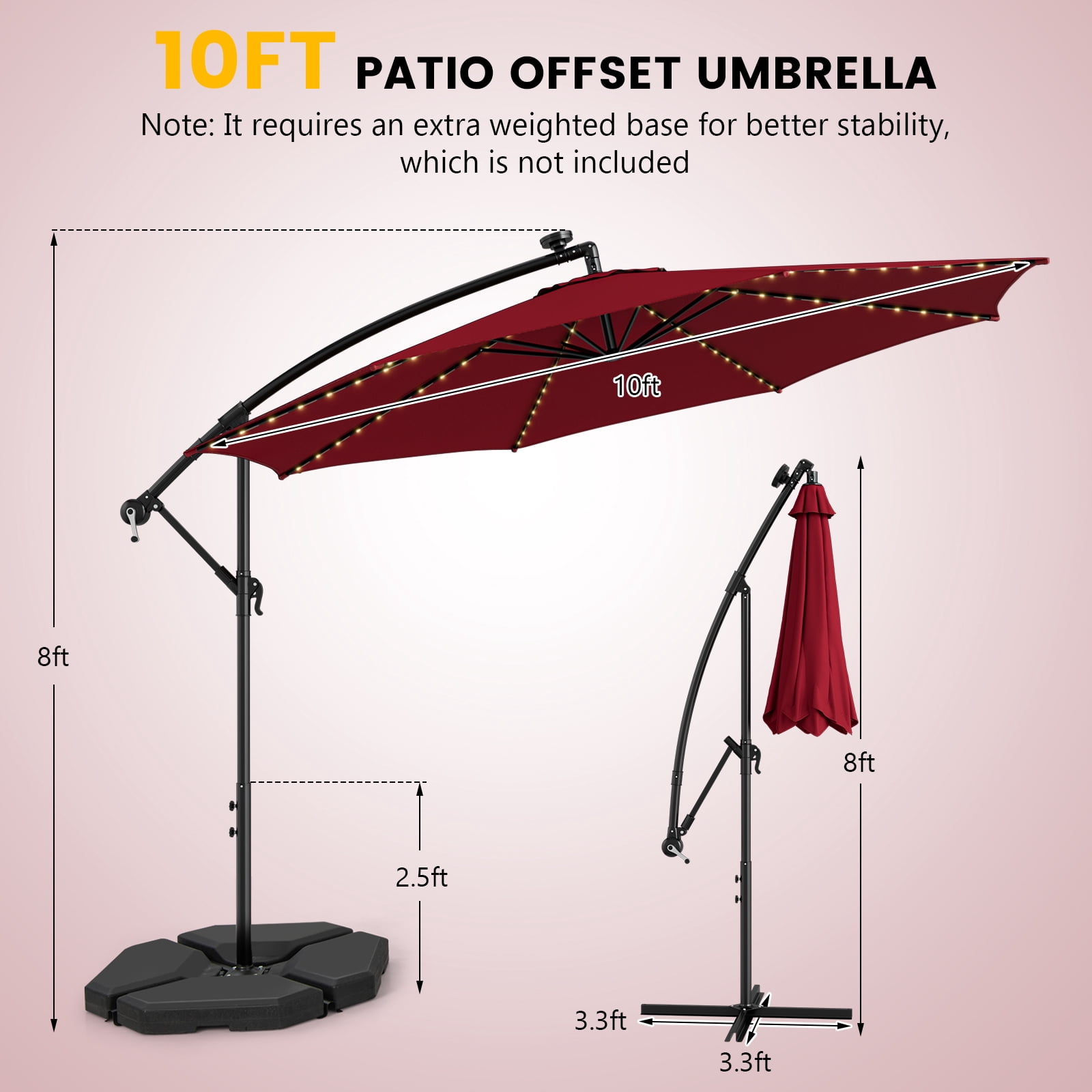 Patiojoy 10FT Solar Offset Umbrella Tilted Cantilever Umbrella with 112 LED Lights Lighted Patio Sun Shade with Crank Handle Red