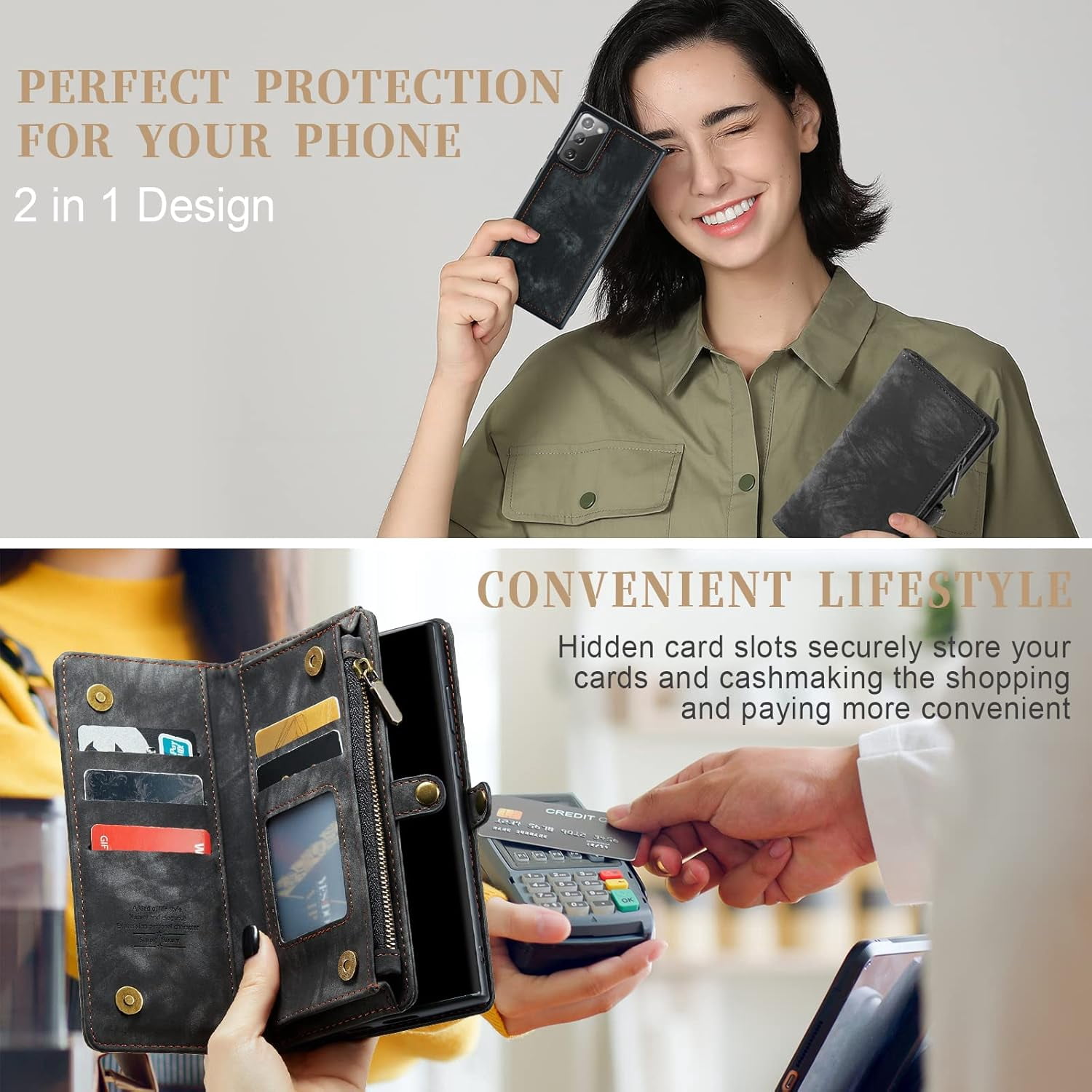 Phone Case for Samsung Galaxy Note 20 Glaxay Note20 5G Zipper Wallet Detachable Cover with Tempered Glass Screen Protector and Flip Card Holder Cell Gaxaly Notes 20s Twenty Not S20 Women Black