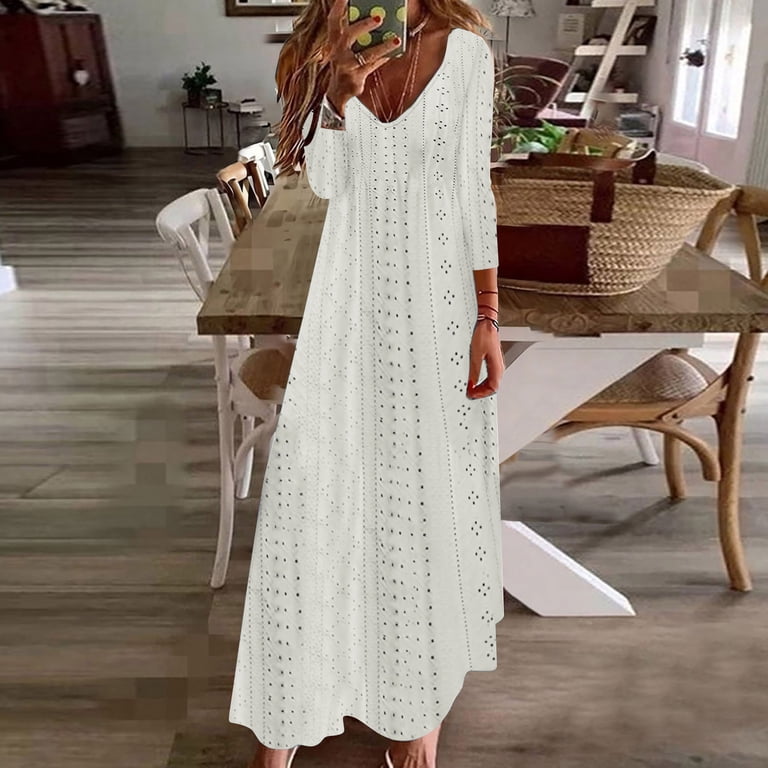 casual holiday dress women Kmdttou Style Hollow Out Long Solid Color Loose 3/4 Sleeve V-Neck Camisole Dress,Women's Long Dresses Flowy Maxi for Beach Garden Party Midi Dress