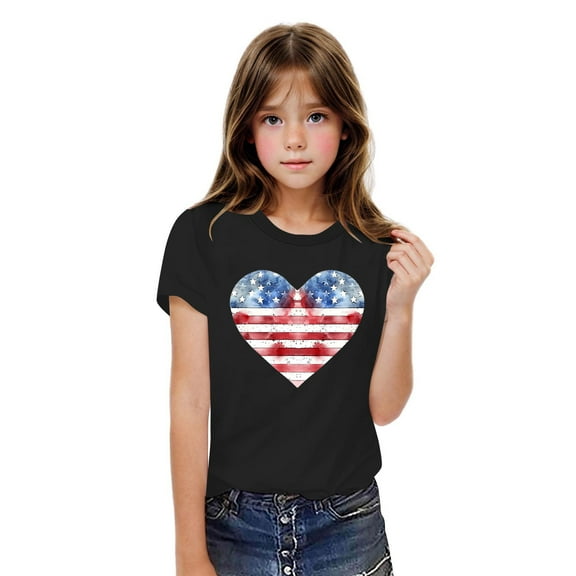 BRGZLK Boys Girls 4Th Of July T-Shirts Fashion Independence Day Heart Flag Graphic Shirt Casual Cozy Cotton Short Sleeve Tops Black 7-8 Years