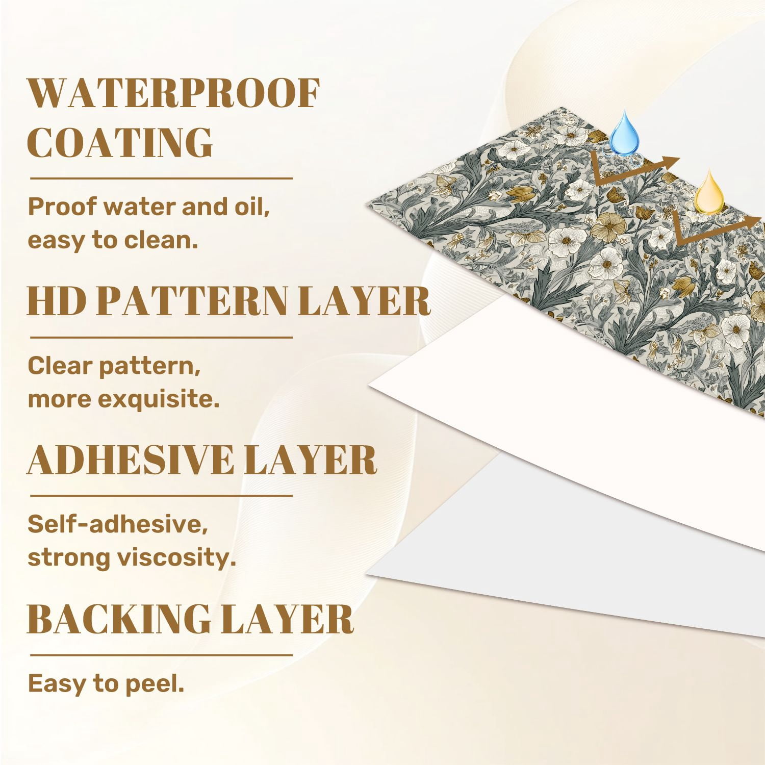 Peel and Stick Wallpaper Botanical Floral Gold White Blooms Soft Gray Wall Mural 23.6in x 9.8ft Self Adhesive Removable Wall Paper Renter Friendly Wallpaper for Girls Women Bedroom Livingroom