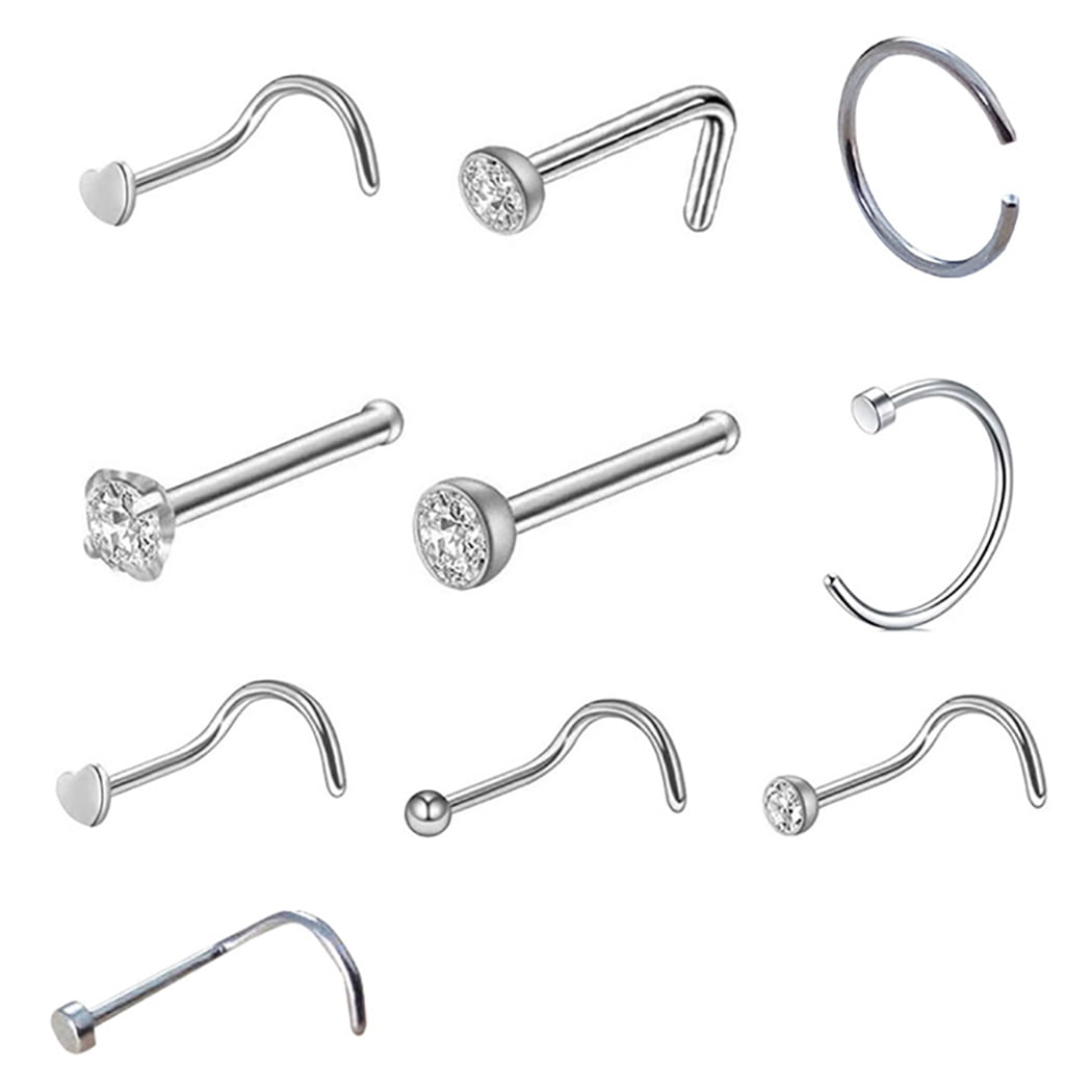 Nostril Rings Stainless Steel 10PCS Decorative Nose Studs Nose Piercing ...