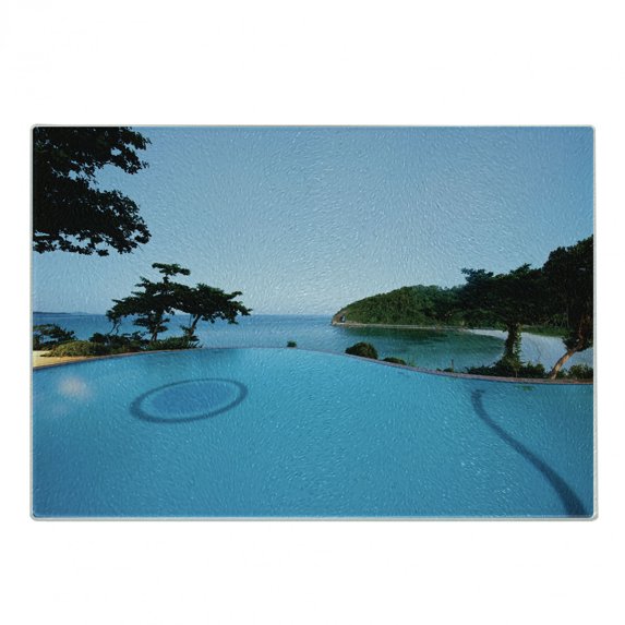 Landscape Cutting Board, Pool View at Sunset Beach in Seacoast Ocean Vibrant Colors Adventure Photo, Decorative Tempered Glass Cutting and Serving Board, Small Size, Turquoise Green, by Ambesonne