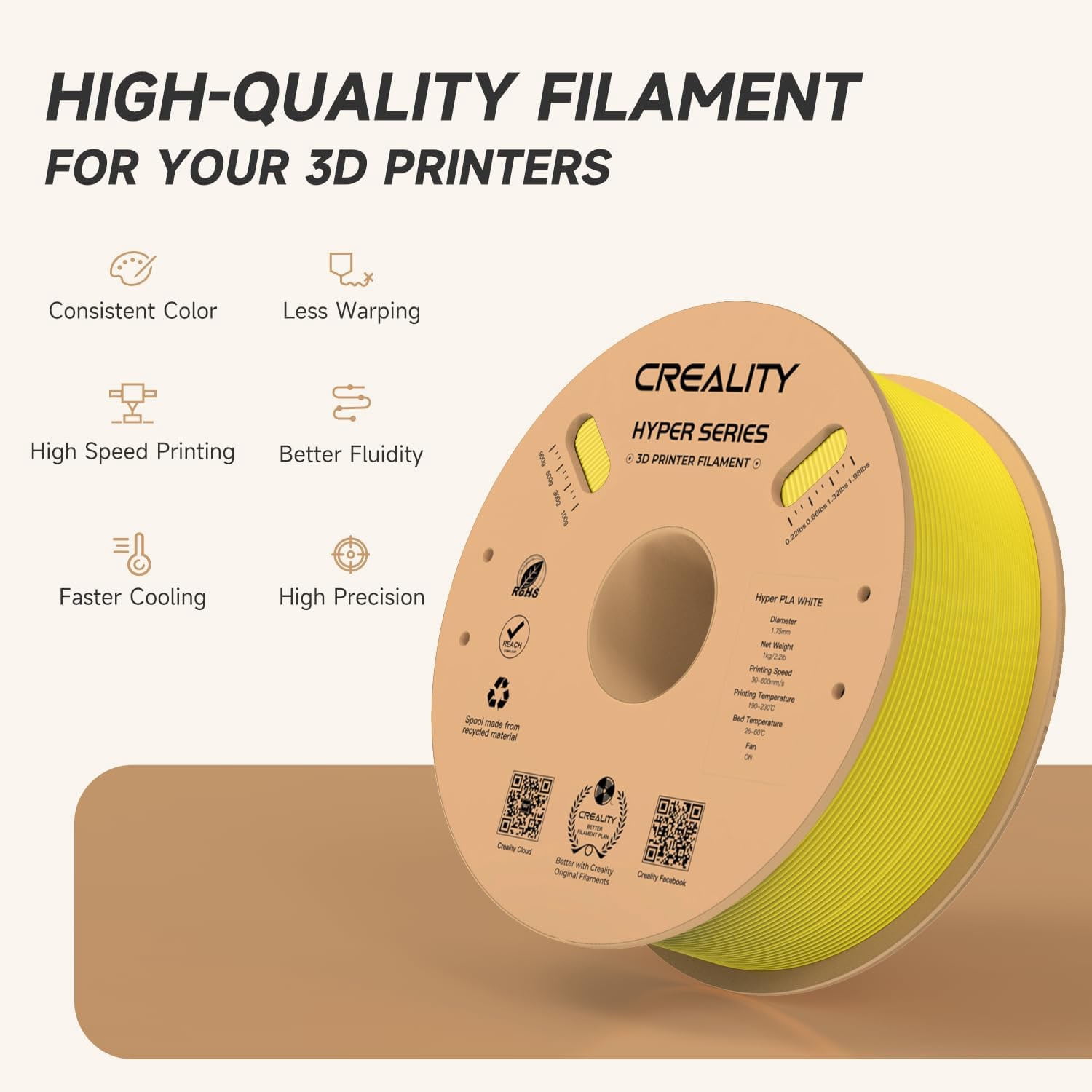 Creality Hyper PLA 3D Printer Filament 600mm/s High-Speed +/-0.03mm For Creality K1 Max Ender-5 S1 Anycubic Prusa Bambu Yellow 12 Unit per pack