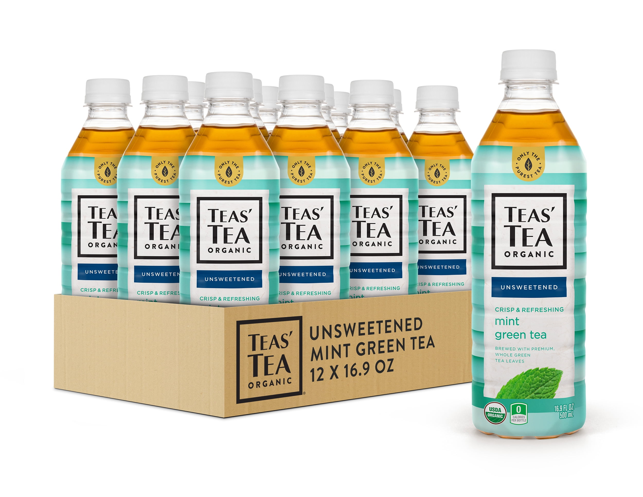 Teas' Tea Unsweetened Mint Green Tea, 16.9 Ounce (Pack of 12), Organic, Zero Calories, No Sugars, No Artificial Sweeteners, Antioxidant Rich, High in Vitamin C 
