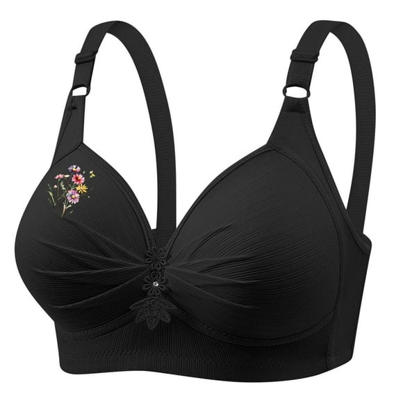 FAVIPT Women's Plus Size Bra Breathable Push Up Daily Bras Adjustable Wireless Floral Print Bra Comfort Senior Underwear Black,S