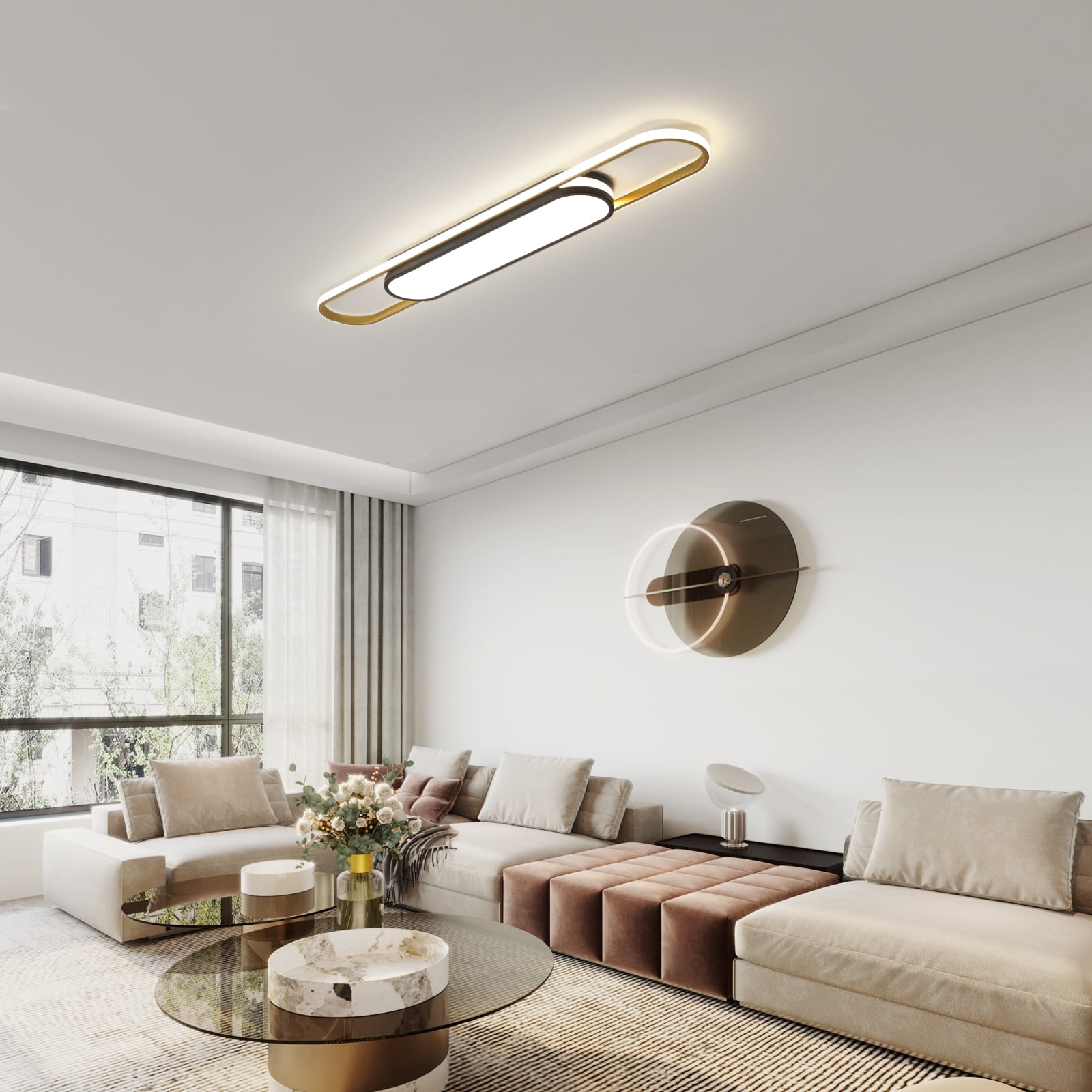 Garwarm 43.3" Modern LED Ceiling Light with Remote, Dimmable Linear Flush Mount Ceiling Fixture, 3000K-6500K Adjustable Lighting for Kitchen, Dining Room, Bedroom