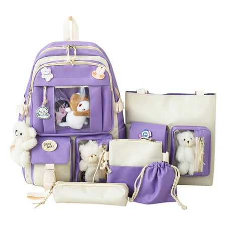 

Backpack Set | 5 Pcs High-capacity Middle Student Bookbag | Women Backpack with Shoulder Bag Pencil Bags Tote Bag String Pouch Pins and Pendants