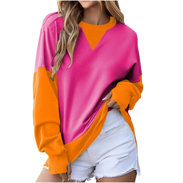 cfhntfmh Womens Sweatshirts Oversized Crewneck Color Block Patchwork Tops Long Sleeve Pullover Fall Fashion 2024