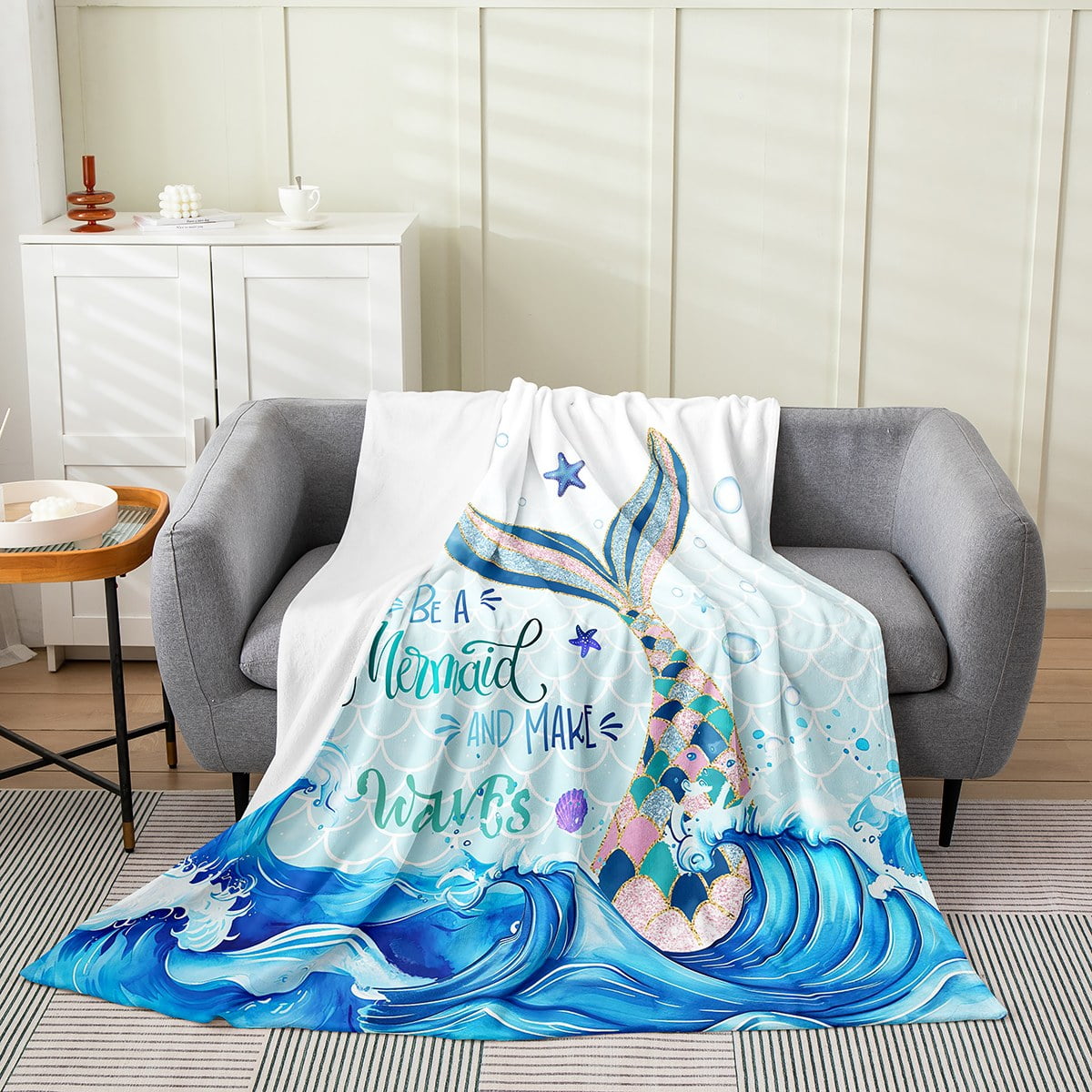 YST Little Mermaid Blanket for Kids Teens Cute Mermaid Tail Sequins Throw Blanket Baby 30x40 Inch Blue Pastel Gradient Fleece Blanket Kawaii Starfish Seashell Sherpa Blanket Walmart